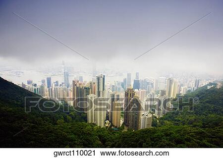 Stock Image - Aerial view of skyscrapers in a city, Hong Kong Island, Hong Kong, China. Fotosearch