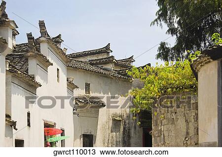 Stock Image - Houses in a village, Xidi, Anhui Province, China. Fotosearch