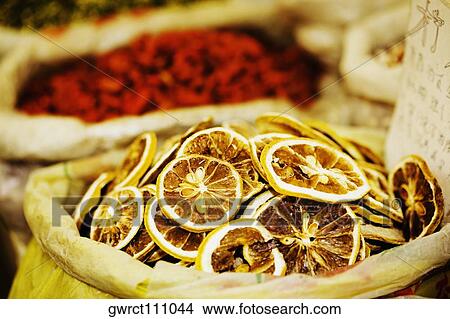 Close-up of a sack of dried lemons at a market stall, Tai'an, Shandong Province, China View Large Photo Image Picture - Close-up of a sack of dried lemons at a market stall, Tai'an, Shandong Province, China. Fotosearch