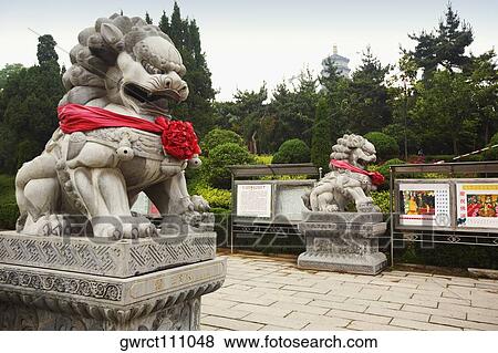 Stock Photo - Lion statues in a temple, Zhanshan Temple, Qingdao, Shandong Province, China. Fotosearch