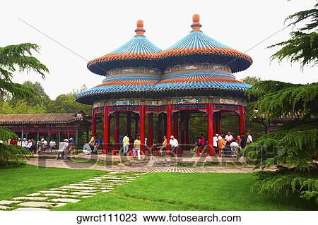 Tourists in a temple, Double Ring Longevity Pavilion, Temple of Heaven, Beijing, China View Large Photo Image Stock Image - Tourists in a temple, Double Ring Longevity Pavilion, Temple of Heaven, Beijing, China. Fotosearch