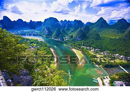 Aerial view of a river, Li River, XingPing, Yangshuo, Guangxi Province, China View Large Photo Image Stock Photograph - Aerial view of a river, Li River, XingPing, Yangshuo, Guangxi Province, China. Fotosearch
