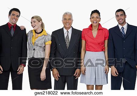 Stock Image - Portrait of two businesswomen and three businessmen standing side by side and smiling. Fotosearch