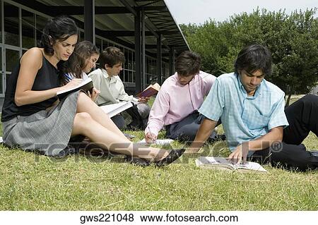 Five university students sitting in a lawn and studying View Large Photo Image Stock Photo - Five university students sitting in a lawn and studying. Fotosearch