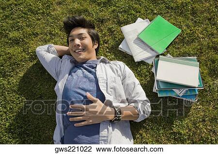 Stock Image - High angle view of a young man lying in a lawn. Fotosearch