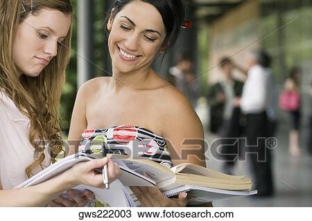 Two female university students discussing in a corridor View Large Photo Image Stock Image - Two female university students discussing in a corridor. Fotosearch