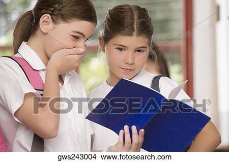 Close-up of a schoolgirl showing her textbook to another schoolgirl View Large Photo Image Picture - Close-up of a schoolgirl showing her textbook to another schoolgirl. Fotosearch