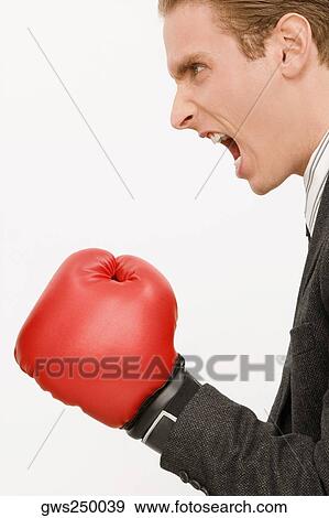 Side profile of a businessman wearing boxing gloves View Large Photo Image Stock Photo - Side profile of a businessman wearing boxing gloves. Fotosearch