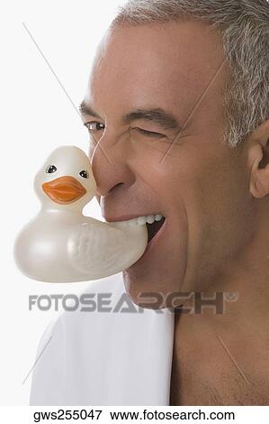Portrait of a senior man holding a toy duck in his mouth View Large Photo Image Stock Photo - Portrait of a senior man holding a toy duck in his mouth. Fotosearch