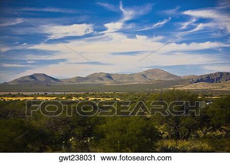 Stock Image - Trees on a landscape with mountains in the background, San Luis Potosi, Mexico. Fotosearch