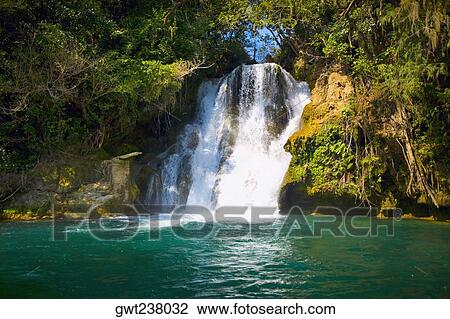 Stock Image - Waterfall in a forest, Tamasopo Waterfalls, Tamasopo, San luis Potosi, Mexico. Fotosearch