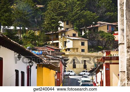 Picture - High angle view of buildings in a city, San Cristobal De Las Casas, Chiapas, Mexico. Fotosearch