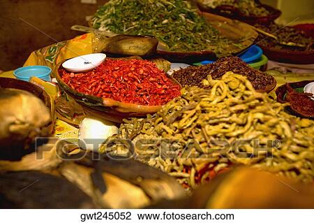 Stock Image - Spices at a market stall, Xochimilco, Mexico. Fotosearch