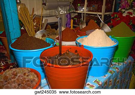 Spices at a market stall, Xochimilco, Mexico View Large Photo Image Stock Photography - Spices at a market stall, Xochimilco, Mexico. Fotosearch