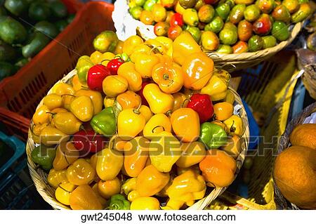 Stock Photo - Vegetables at a market stall, San Juan Nuevo, Michoacan State, Mexico. Fotosearch