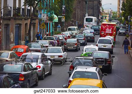Stock Image - Traffic jam on a road, Mexico City, Mexico. Fotosearch