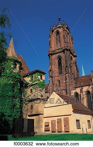 Stock Image - Christian architecture, belfry, church, Alsace, Bas Rhin, Saint Georges Church, Europe. Fotosearch