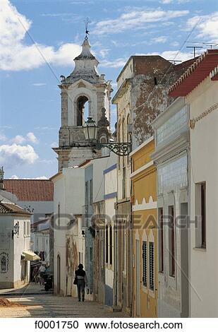 Stock Image - church, village, lane, alley, Portugal, Europe, Algarve. Fotosearch