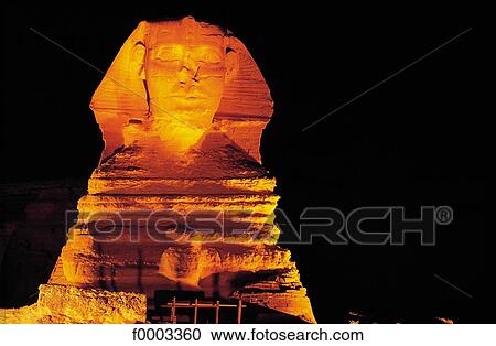 Stock Image - Egypt, Egyptian art, archeological site, archaeological site, sphinx, night, light. Fotosearch