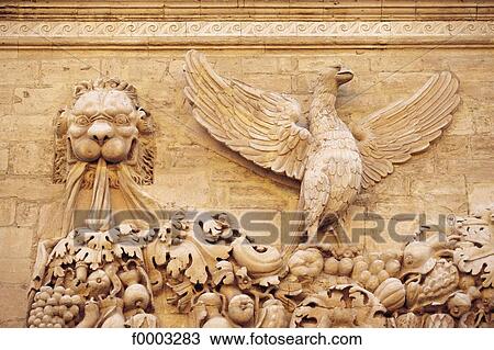 Stock Image - Europe, France, French, French architecture detail, architectural detail, sculpture, front. Fotosearch