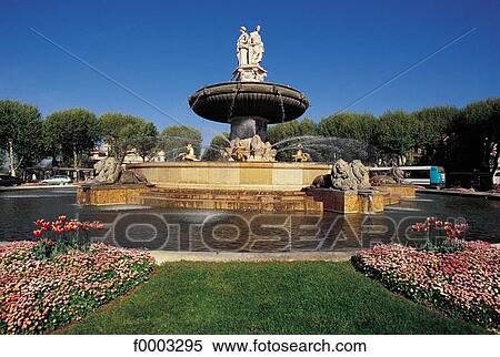 Stock Photography - fountain, sculpture, water jet, garden, Aix-en-Provence, Bouches du Rhone, Europe. Fotosearch