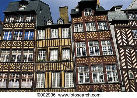 Stock Photograph - front, house, half timbered, window, Brittany, Europe, France. Fotosearch