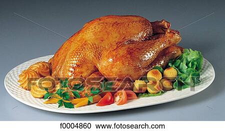 Stock Image - gastronomy, food, cooked dish, fowl, chicken, roast chicken. Fotosearch