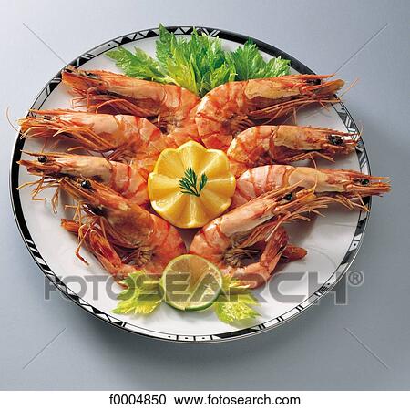 Stock Image - gastronomy, food, cooked dish, shellfish, Dublin bay prawn, tray. Fotosearch