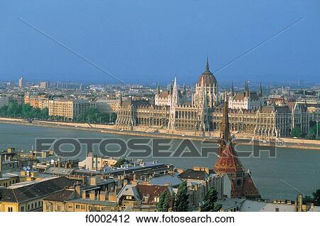 Stock Image - general view, Hungary, Europe, roof, Budapest, Danube, Houses of Parliament. Fotosearch