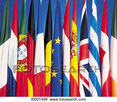 Stock Photo - German flag, English flag, Belgian flag, European flag, French flag, Greek flag, Dutch flag. Fotosearch