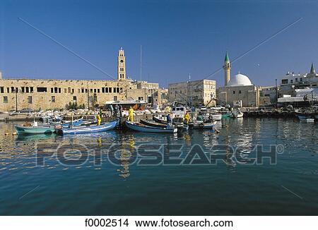 Picture - harbour, Israel, Middle East, boat, fishing boat, Mediterranean sea, Saint Jean d Acre. Fotosearch