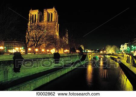 Stock Image - night, lighting, France, French, French Europe, cathedral, Christian architecture. Fotosearch