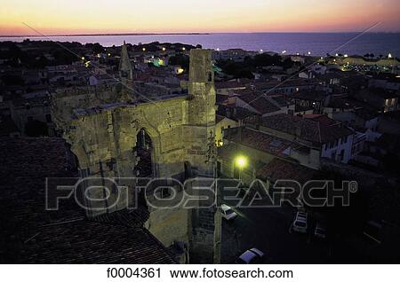 Stock Image - night, lighting, light, town, city, general view, Charente Maritime. Fotosearch
