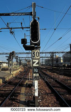 Stock Image - rail transport, rail, road sign, Europe, France, French, French Ile de France. Fotosearch