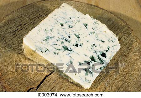 Picture - roquefort, cheese, aliment, Auvergne's blue cheese, slice, France, French. Fotosearch