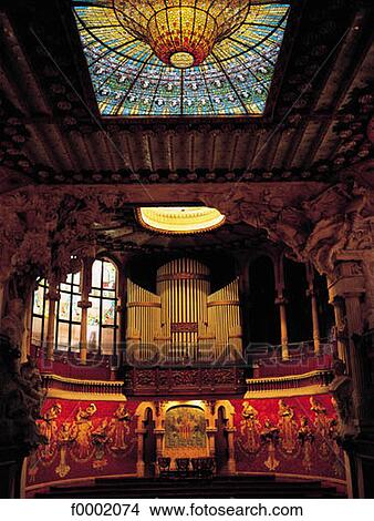 Picture - stained glass, organ, musical instrument, inside, indoors, Spain, Europe. Fotosearch
