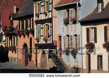 Stock Image - traditional dwelling, house, front, Alsace, Europe, France, French. Fotosearch