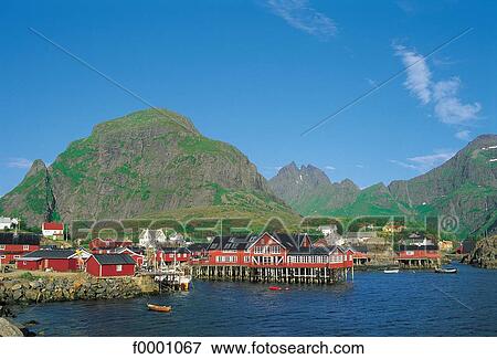 Stock Photo - village, sea, Norway, Europe, Little Venice, Moskenesoy, Arctic Ocean. Fotosearch