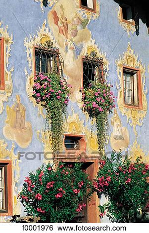 Stock Photograph - window, flower, wall painting, front, Austria, Europe, Saint Johann In Tyrol. Fotosearch