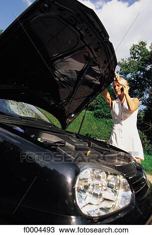 Stock Image - woman, women, people, car, breakdown, phoning. Fotosearch