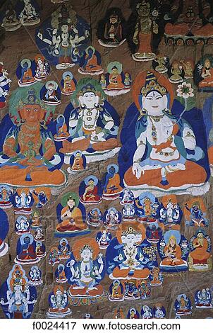 Stock Photo - China, Tibet, Lhasa, Chagpo Ri, painted and carved rocks. Fotosearch