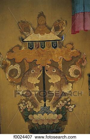 Stock Photo - China, Tibet, Tandruk Monastery, wall painting depicting the "Golden Fish", Buddhist symbol. Fotosearch