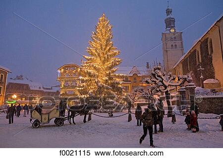 Stock Photography - France, Alps, Megeve, dowtown by night. Fotosearch