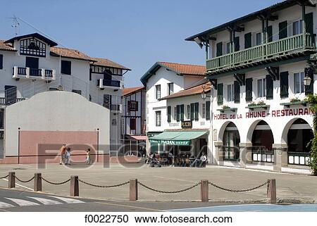 France, Aquitaine, Ascain, fronton of Basque pelota and hotel-restaurant View Large Photo Image Stock Image - France, Aquitaine, Ascain, fronton of Basque pelota and hotel-restaurant. Fotosearch
