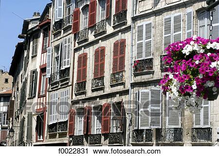 Stock Image - France, Aquitaine, Bayonne, Vieux Bayonne district, facades. Fotosearch