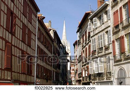 France, Aquitaine, Bayonne, Vieux Bayonne district, facades and glimpse of the Saint Mary Cathedral View Large Photo Image Stock Photography - France, Aquitaine, Bayonne, Vieux Bayonne district, facades and glimpse of the Saint Mary Cathedral. Fotosearch