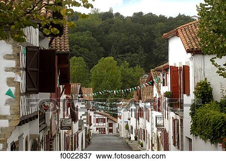 Stock Photo - France, Aquitaine, La Bastide-Clairence, street. Fotosearch