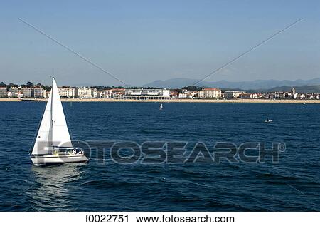Stock Image - France, Aquitaine, Saint Jean de Luz Bay, sailing boat. Fotosearch
