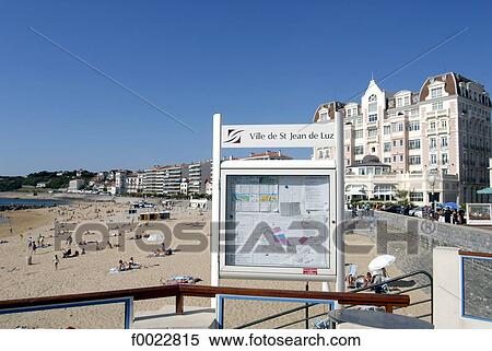 Stock Photography - France, Aquitaine, Saint Jean de Luz, beach and information sign. Fotosearch