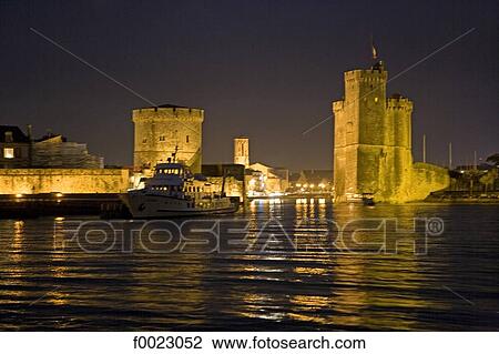 France, Poitou Charentes, La Rochelle, harbour, Saint Nicolas Tower and Tower of the Chain by night View Large Photo Image Stock Image - France, Poitou Charentes, La Rochelle, harbour, Saint Nicolas Tower and Tower of the Chain by night. Fotosearch